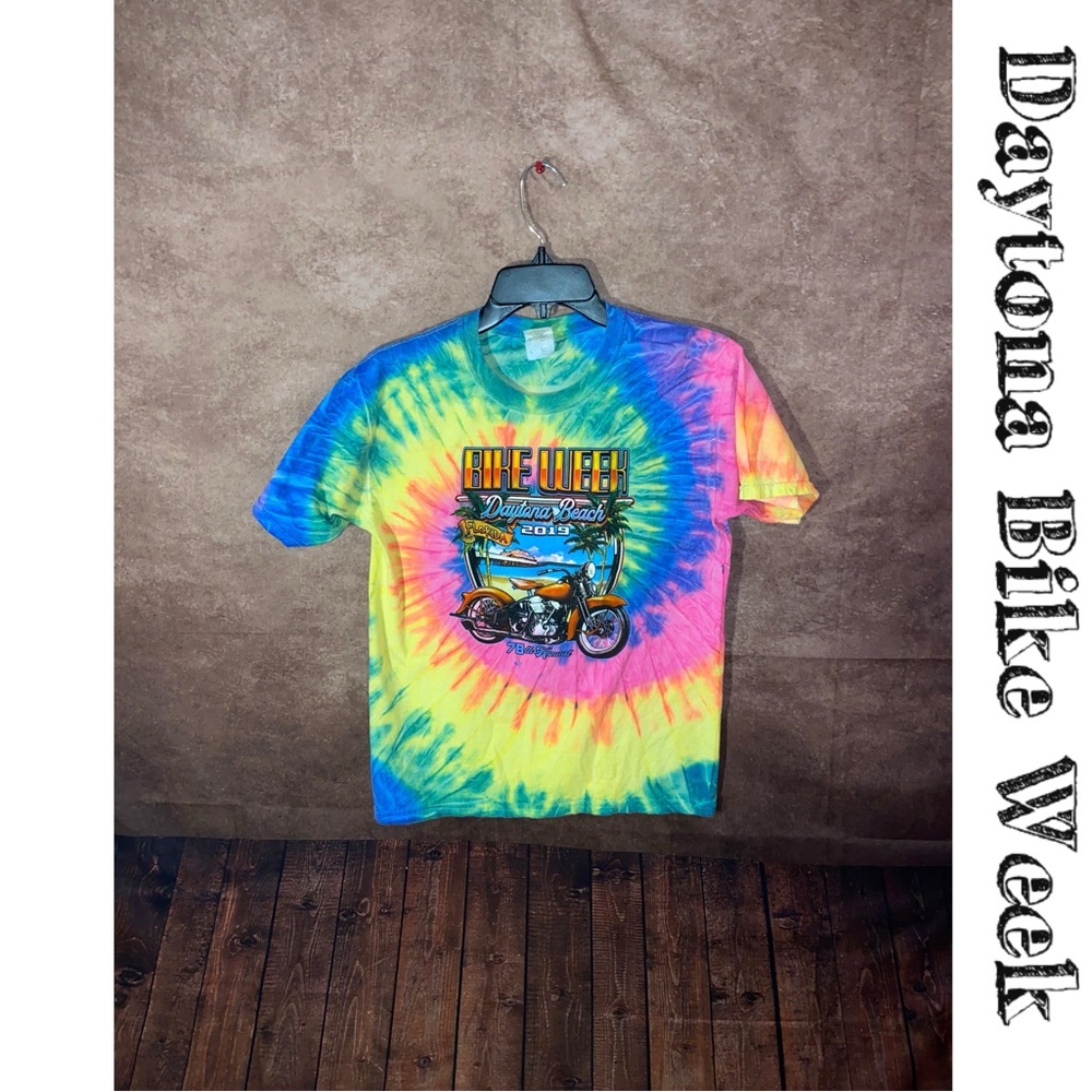 Daytona Beach Bike Week 2019 Tie Dye Short Sleeve T-shirt Kids size Large-EUC